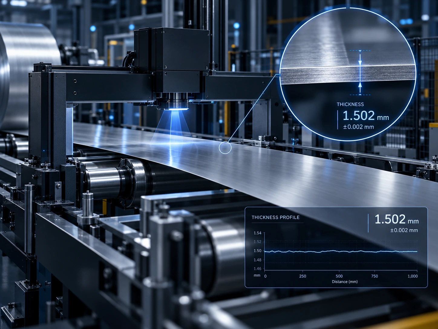 Concept visualisation of an industrial inspection line measuring sheet-material thickness.