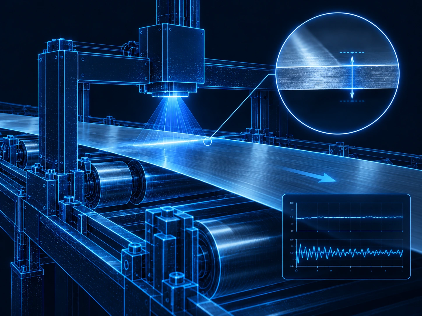 Blue technical illustration of non-contact optical thickness inspection on a manufacturing line.