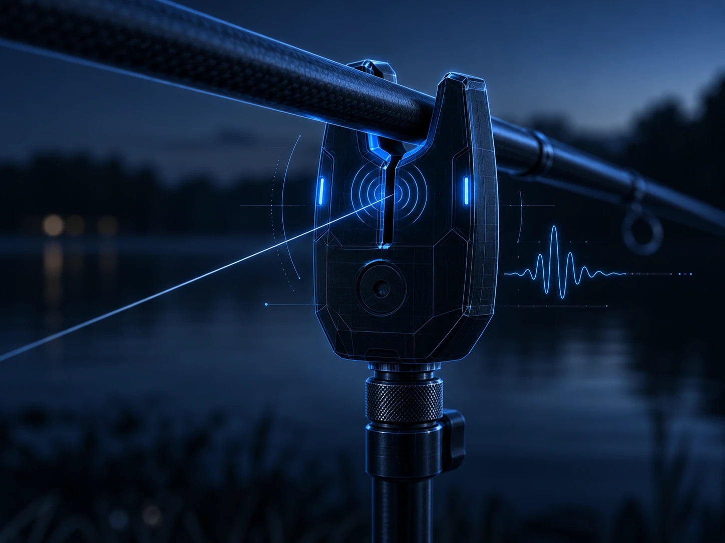Blue concept illustration of a fishing rod resting in the bite alarm’s V-shaped support.