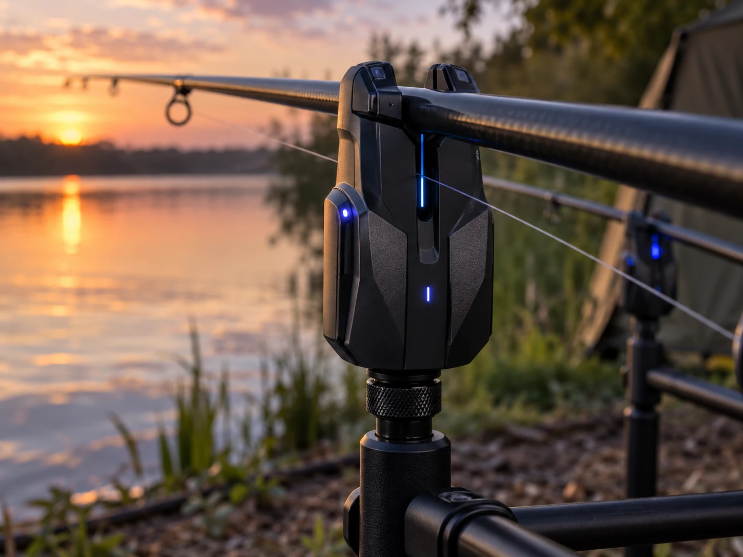 Concept visualisation of a fishing rod resting in a contactless bite alarm’s V-shaped support beside a lake.