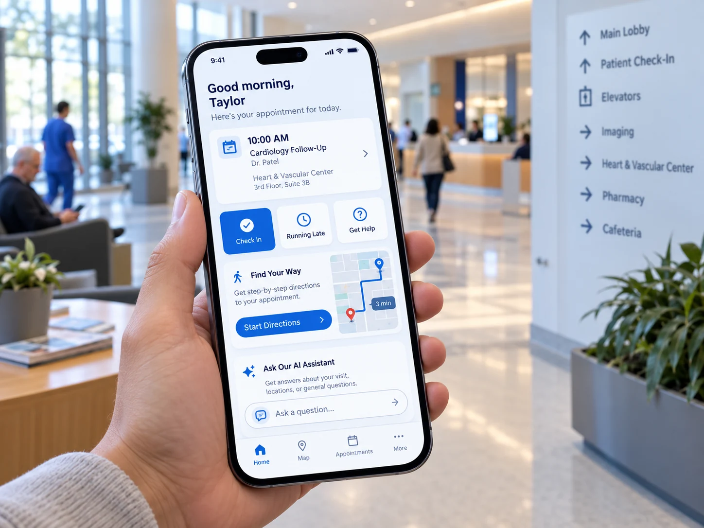Conceptual mobile patient assistant for navigation, appointments and help
