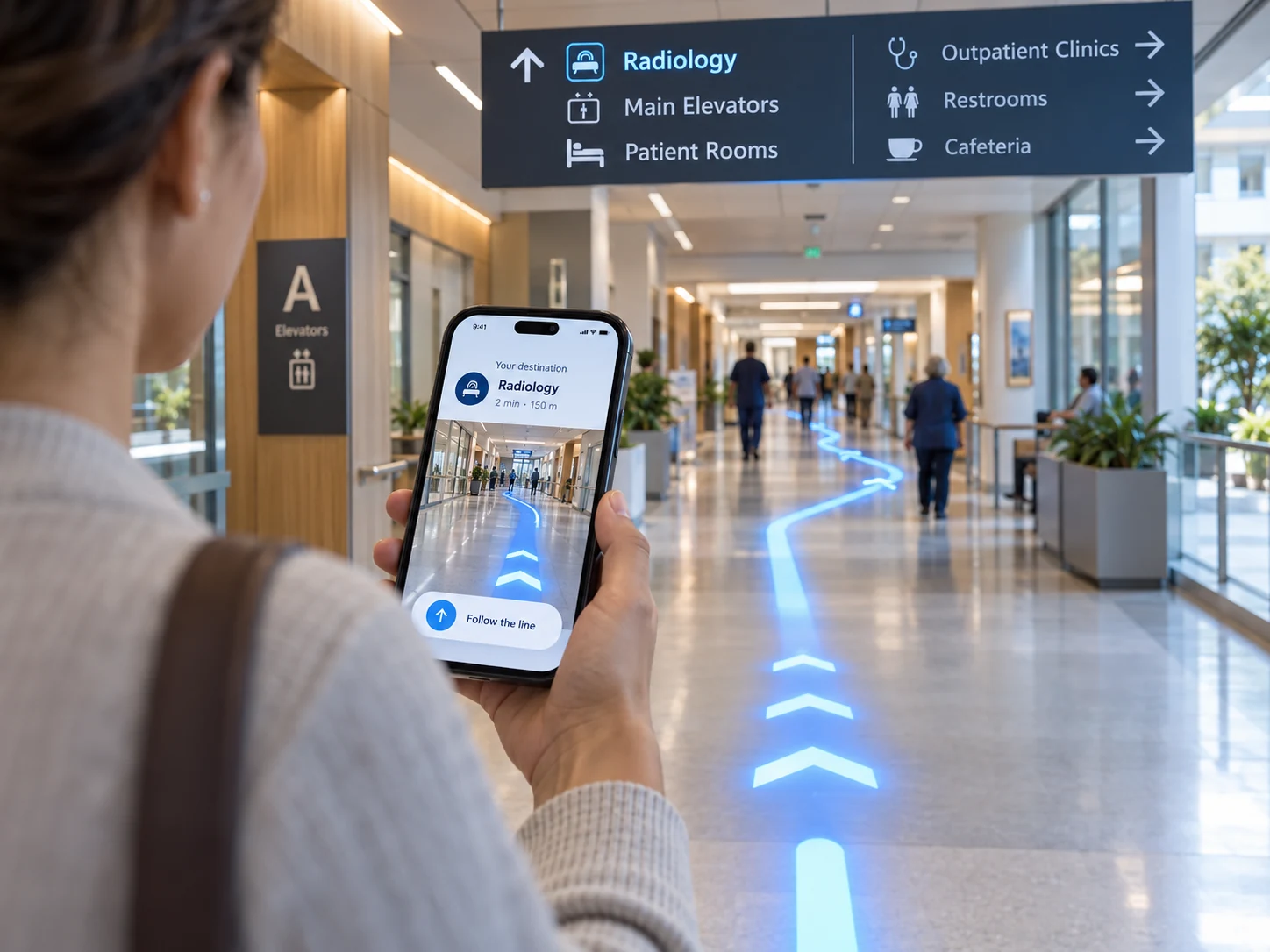 Patient following an illuminated blue route through a hospital using a smartphone