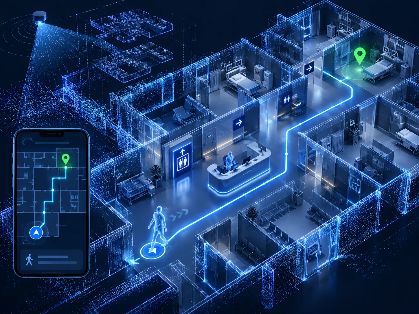 Blue technical isometric 3D hospital map with illuminated navigation route