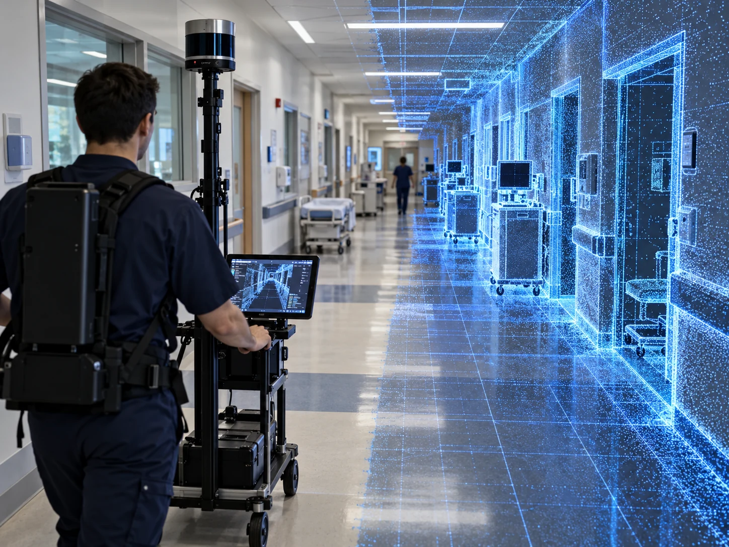 Operator with mobile spatial mapping equipment collecting a 3D hospital corridor survey