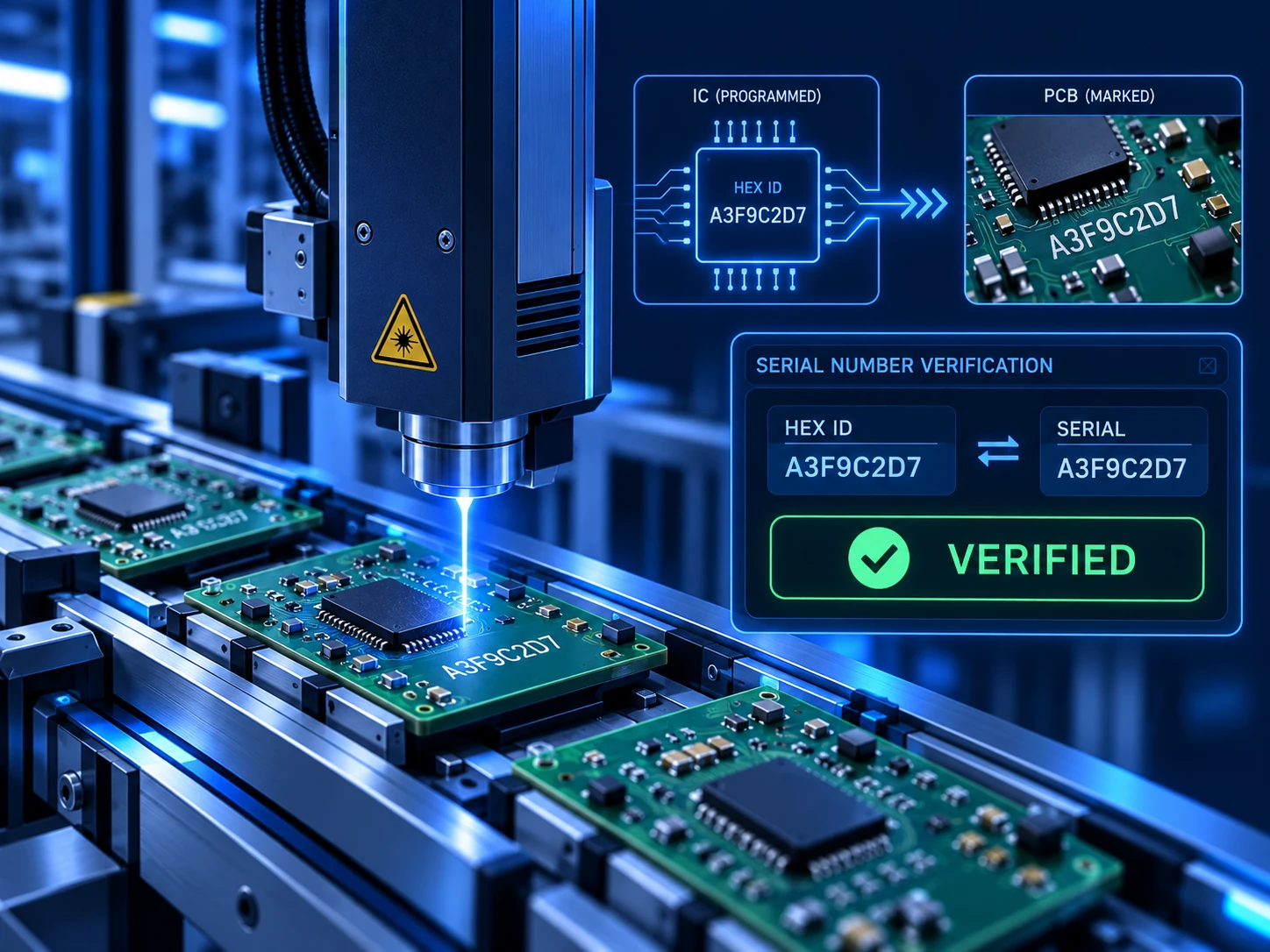 Blue concept illustration of matching a PCB’s programmed hexadecimal identifier with its laser-marked serial number.