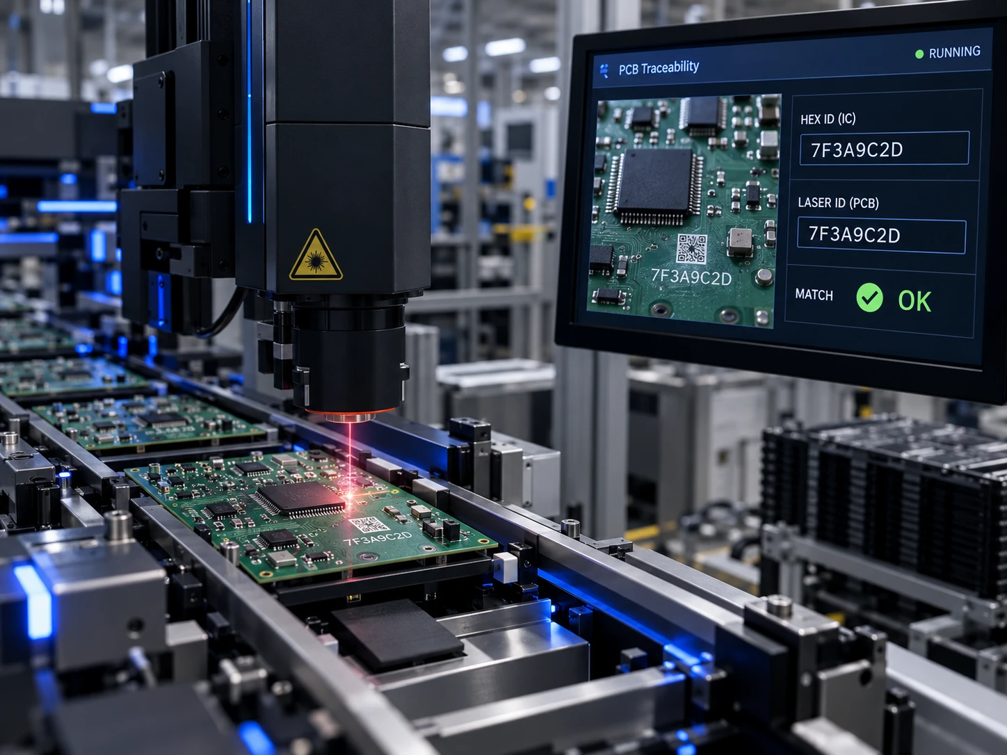 Concept illustration of PCB laser marking with software comparing programmed and physically marked identifiers.