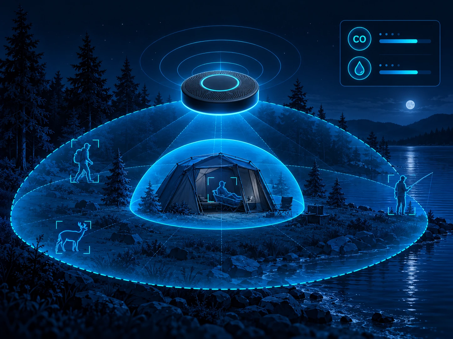 Blue concept illustration of radar monitoring zones around a fishing bivvy, with CO and humidity indicators.