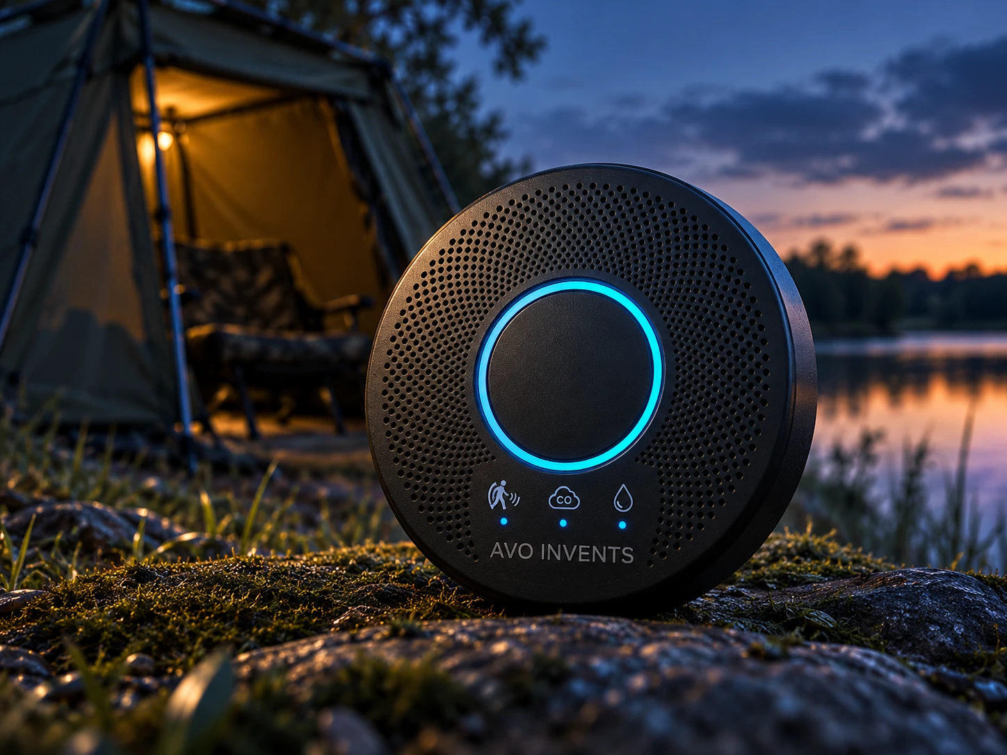 Concept visualisation of the radar security and environmental monitoring device beside a fishing bivvy.