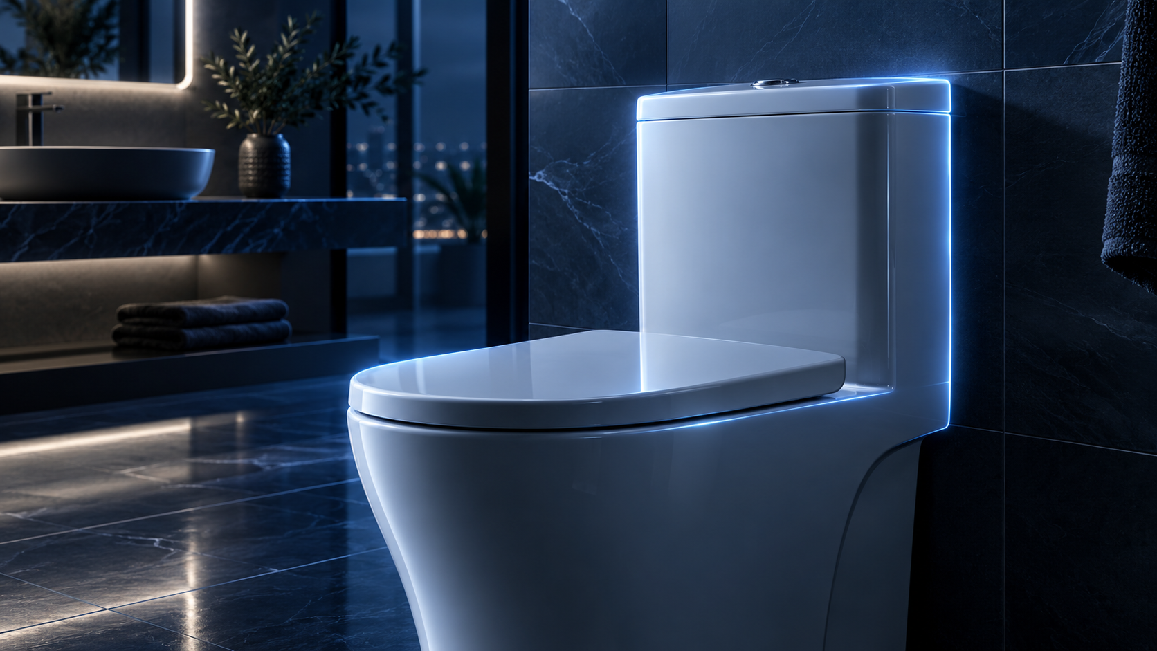 Single blue-lit toilet concept with a dry cistern exterior.