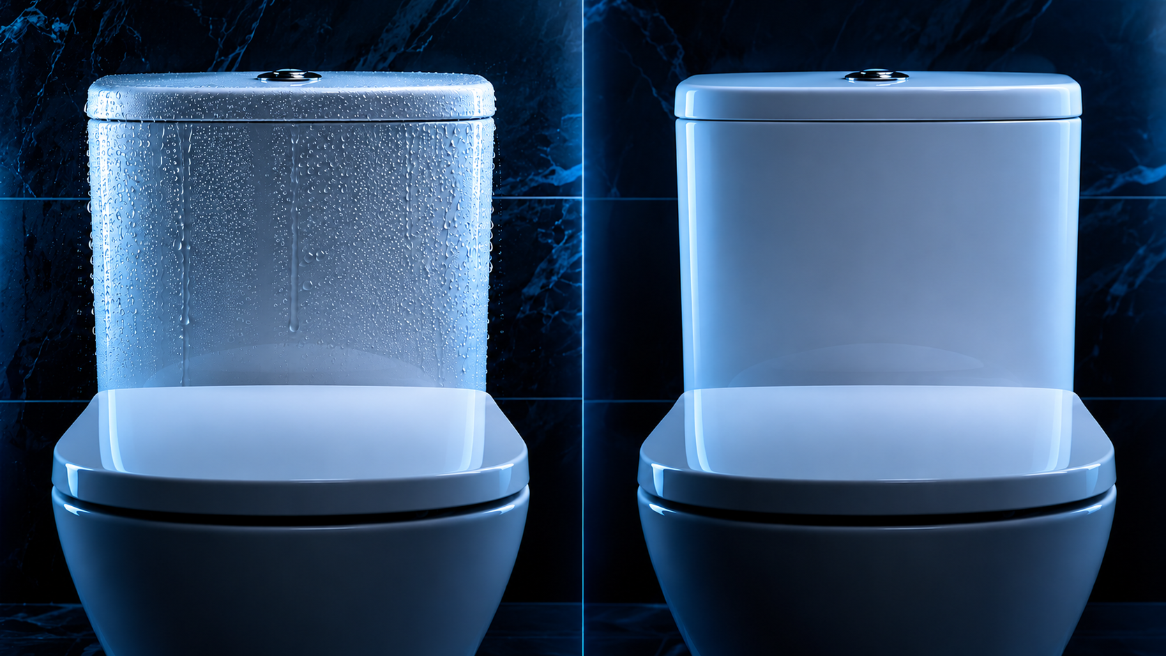 Corrected blue comparison: condensation on the left cistern exterior and a completely dry cistern exterior on the right.