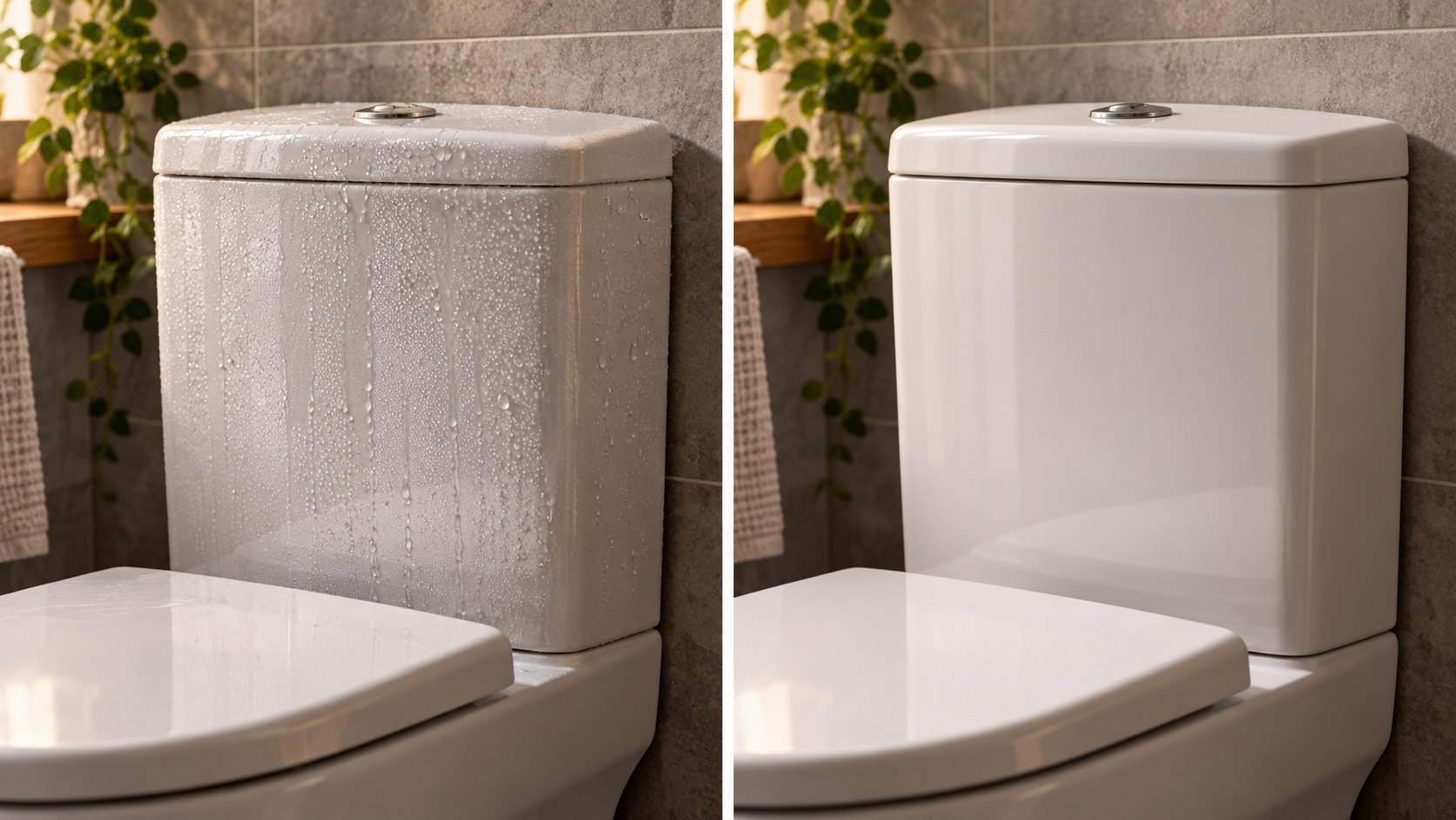 Two white toilet cistern concept visuals showing a wet exterior beside the intended dry exterior.