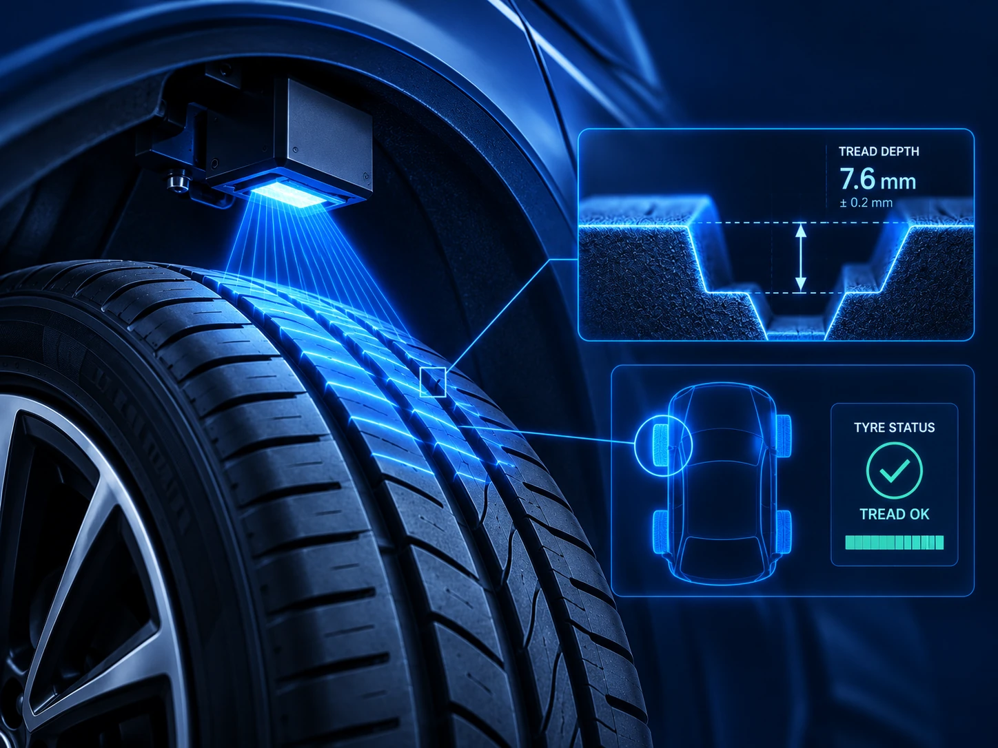 Blue concept illustration of an optical sensor mounted in a vehicle wheel arch to monitor tyre tread.