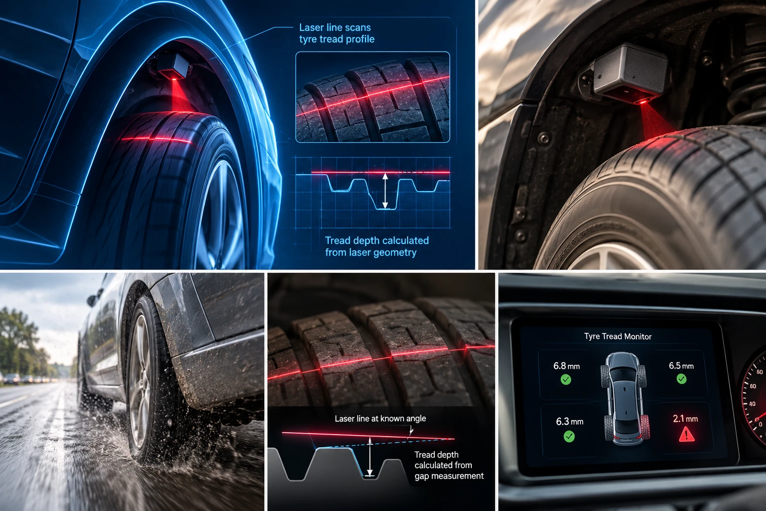 Concept panels showing wheel-arch sensing, tyre-profile measurement and a proposed driver display.