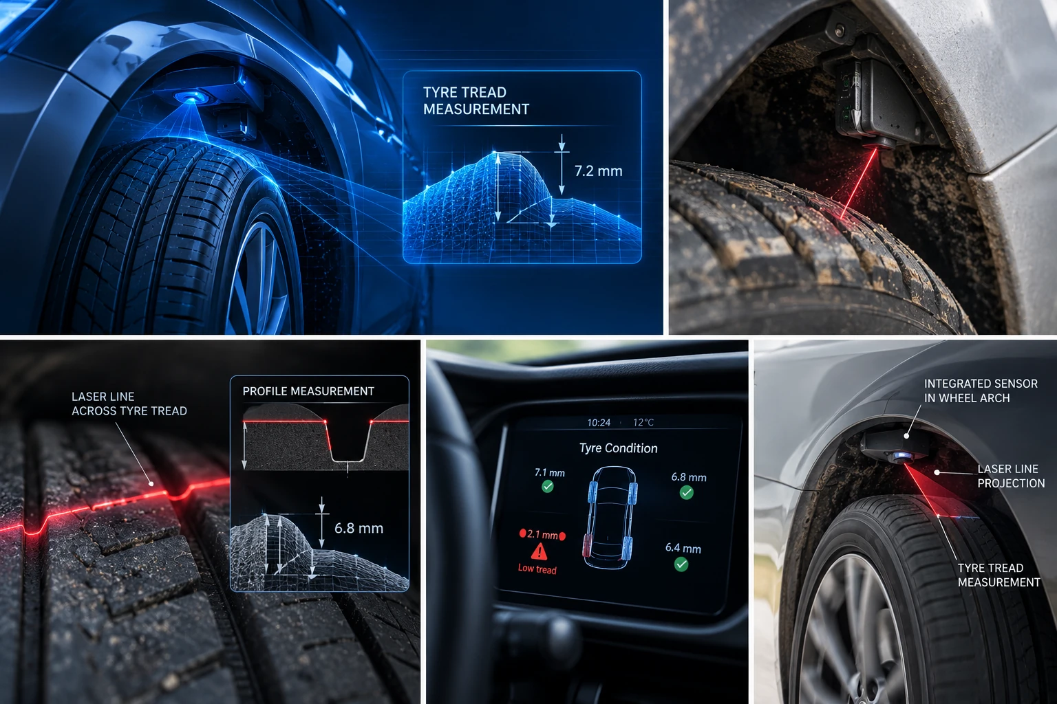 Concept panels showing a sensor inside a wheel arch, road contamination and proposed tyre-condition displays.