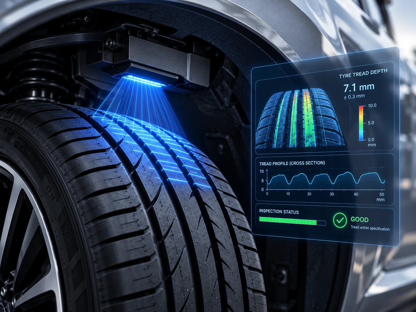 Concept illustration of a tyre in its installed orientation with an optical sensor mounted inside the wheel arch.