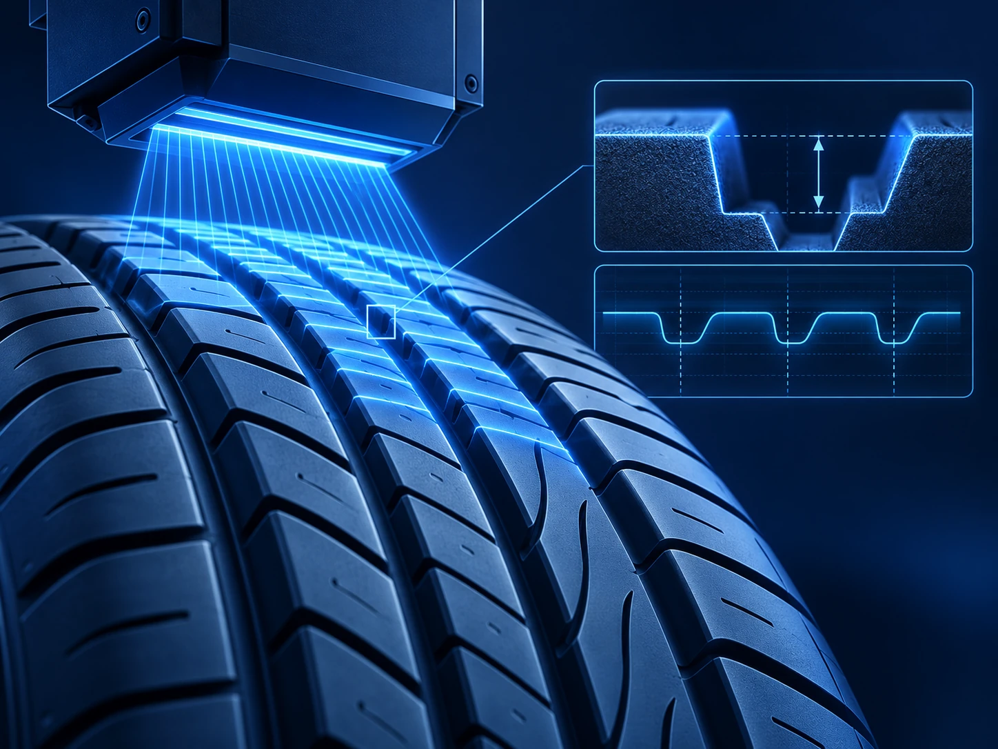Blue concept illustration of optical scanning across tyre tread grooves.