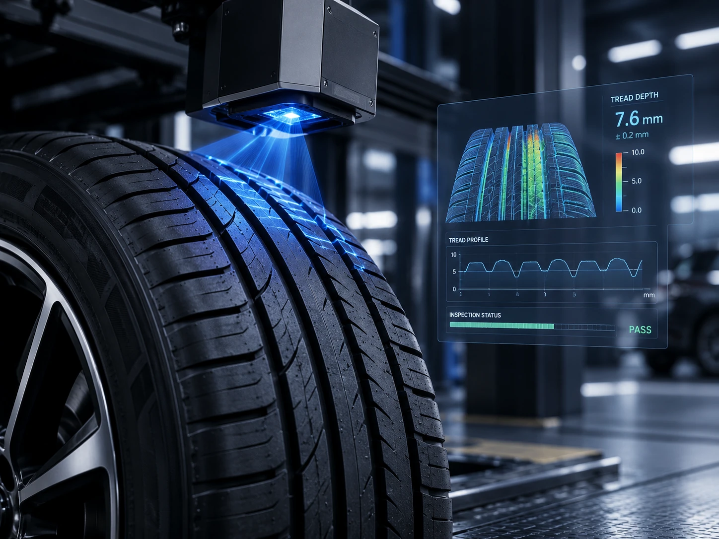 Concept illustration of an optical tyre-tread inspection arrangement and measurement display.