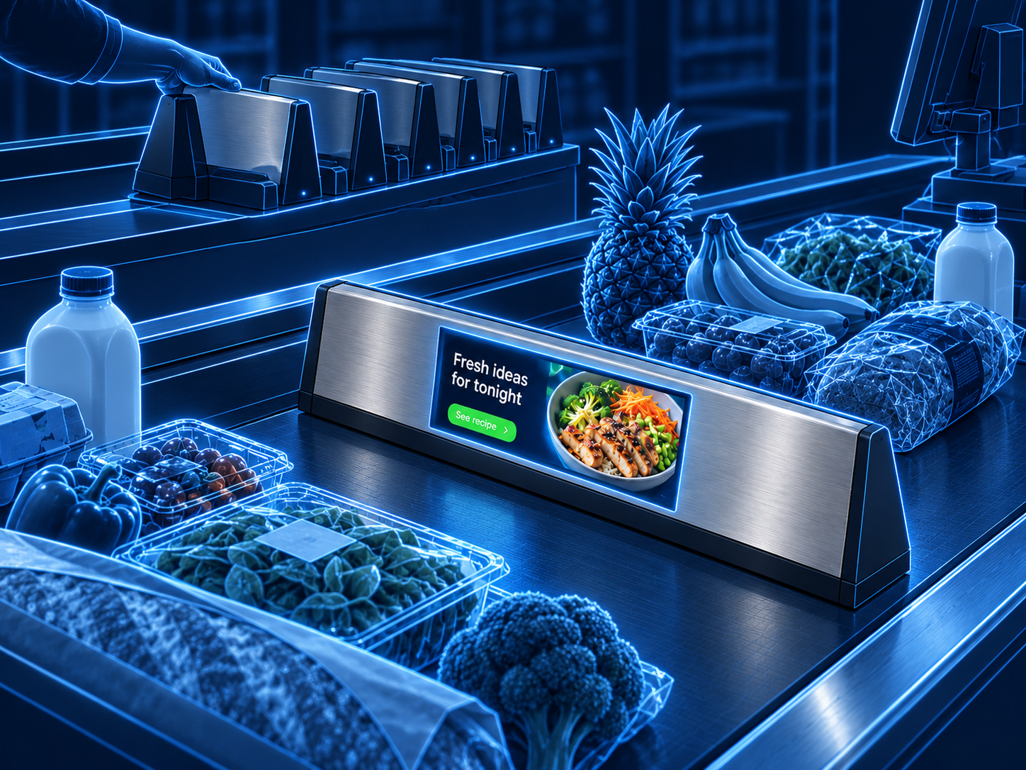 Supplied blue illustration of a supermarket checkout divider with an integrated recipe display and a storage/charging station.