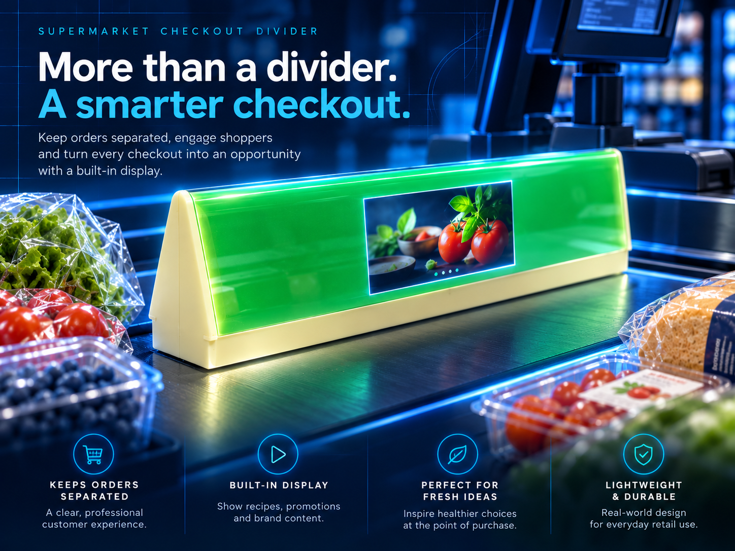 Supplied blue checkout-divider presentation showing the green prototype concept and its integrated display.