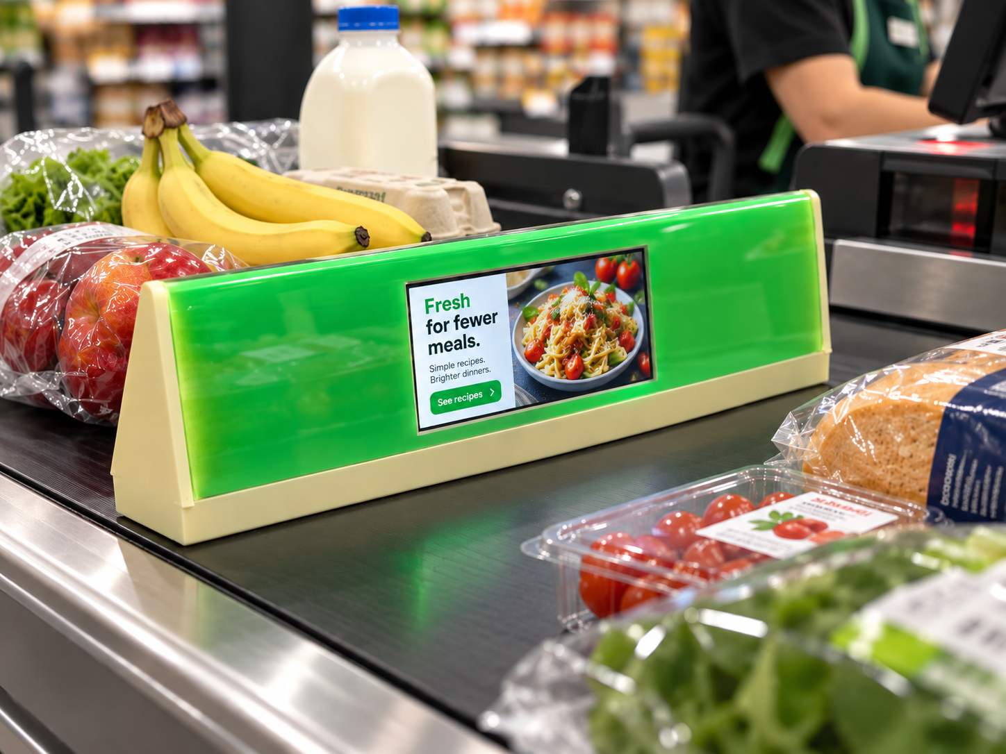 The green checkout divider prototype with an integrated display, positioned across a supermarket conveyor belt.